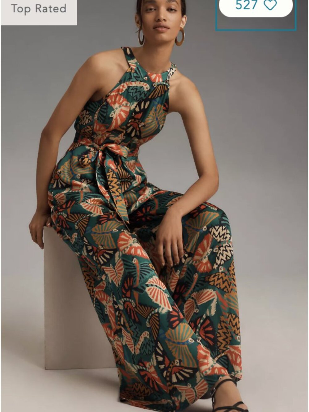 Farm Rio x Anthropologie Printed Halter Jumpsuit Wide Leg Fan Print Size S